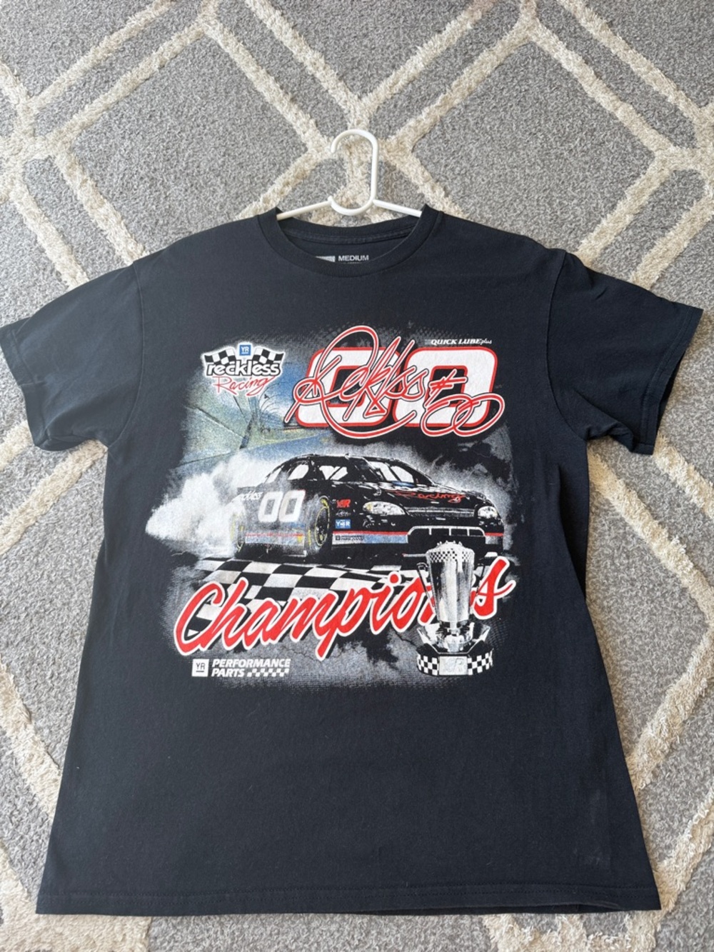 Black Racing Graphic Tee with Red & White Accents